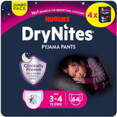 Huggies DryNites Pañales nocturnos súper absorbentes para niñas de 3 a 4 años (12 a 21 kg), paquete de bragas mensuales de 4 x 16 unidades (64 unidades en total)