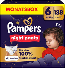 Los pañales Pampers Night Pants talla 6, 138 piezas, 13 kg-19 kg, brindan protección adicional durante toda la noche.
