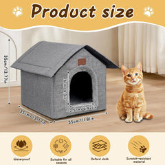 Katzenhaus Outdoor Winterfest, Katzenhöhle, Hundehöhle mit Abnehmbarem Plüschkissen, Wasserdicht Wetterfester, Hundehütte Indoor, Hundehaus für Drinnen/Indoor 35x30x35cm (Grau, S)