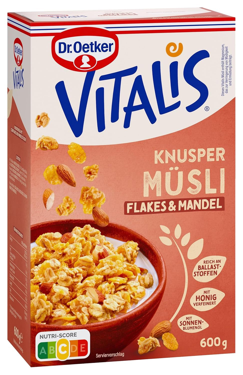 Dr. Oetker Vitalis Crunchy Flakes: muesli crujiente con copos de maíz y trozos de almendra, paquete de 5 (5 x 600 g)