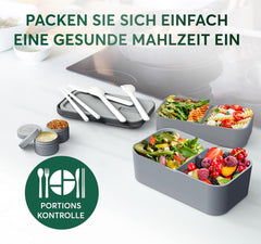 Cutie de prânz Umami pentru adulți, cutie bento stivuibilă etanșă cu 4 tacâmuri și compartimente, cutie de prânz pentru adulți, recipient pentru salată to-go, cutie de prânz pentru picnic / birou, gri cărbune, 1500 ml Cutii depozitare alimente Naty Shop