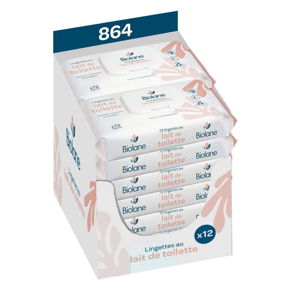 BIOLANE - Pack de 12 - Toallitas húmedas para bebés con leche de tocador - Bebés - 864 Toallitas húmedas para bebés - Limpia e hidrata - Para pieles sensibles - 98% de origen natural - Desde el nacimiento