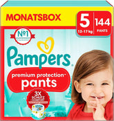 Pampers Pañales Bebé Pantalón talla 5 (12-17Kg) Protección Premium, Junior con bolsillo Stop and Protect, 144 pañales Panty Madre e Niño Naty Shop 5 (144uds) Pantalones Protección Premium