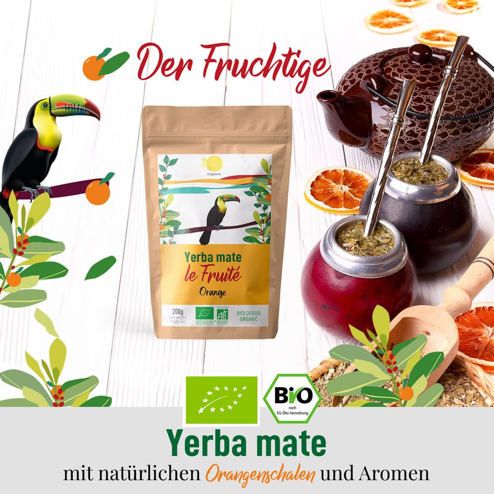 ORIGEENS BIO YERBA MATE cu portocale 200 G - Ceaiul fructat I Ceai organic Yerba Mate neprăjit, fără tulpini și praf I Băutură energizantă și detoxifiantă