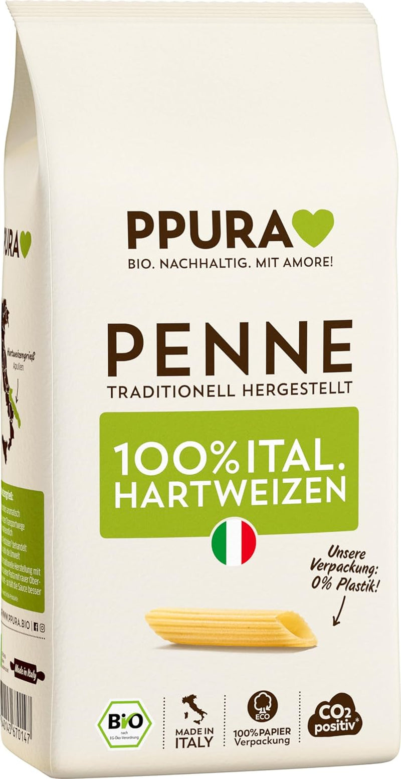 PPURA Pasta Penne de Trigo Duro Orgánica 500g, pasta tubular 100% natural, Made in Italy - pasta italiana sin aditivos, colorantes ni conservantes