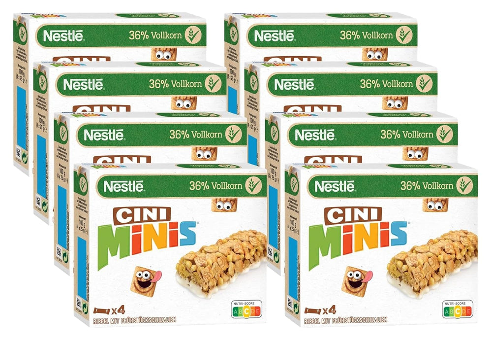 NESTLÉ CINI MINIS Barras de canela, snack crujiente de trigo integral y calcio, paquete de 8 (4 x 25 g cada uno)