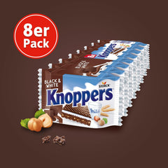 Knoppers blancos y negros – 8 x 25 g – Lonchas de barquillo rellenas de barquillos de cacao oscuro, trozos de galleta negra, leche y crema de turrón
