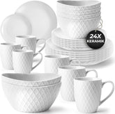 MIAMIO - Set de veselă din ceramică, 24 de piese, serviciu combinat pentru 6 persoane - potrivit pentru mașina de spălat vase și cuptorul cu microunde - Colecția Palmanova (Alb)