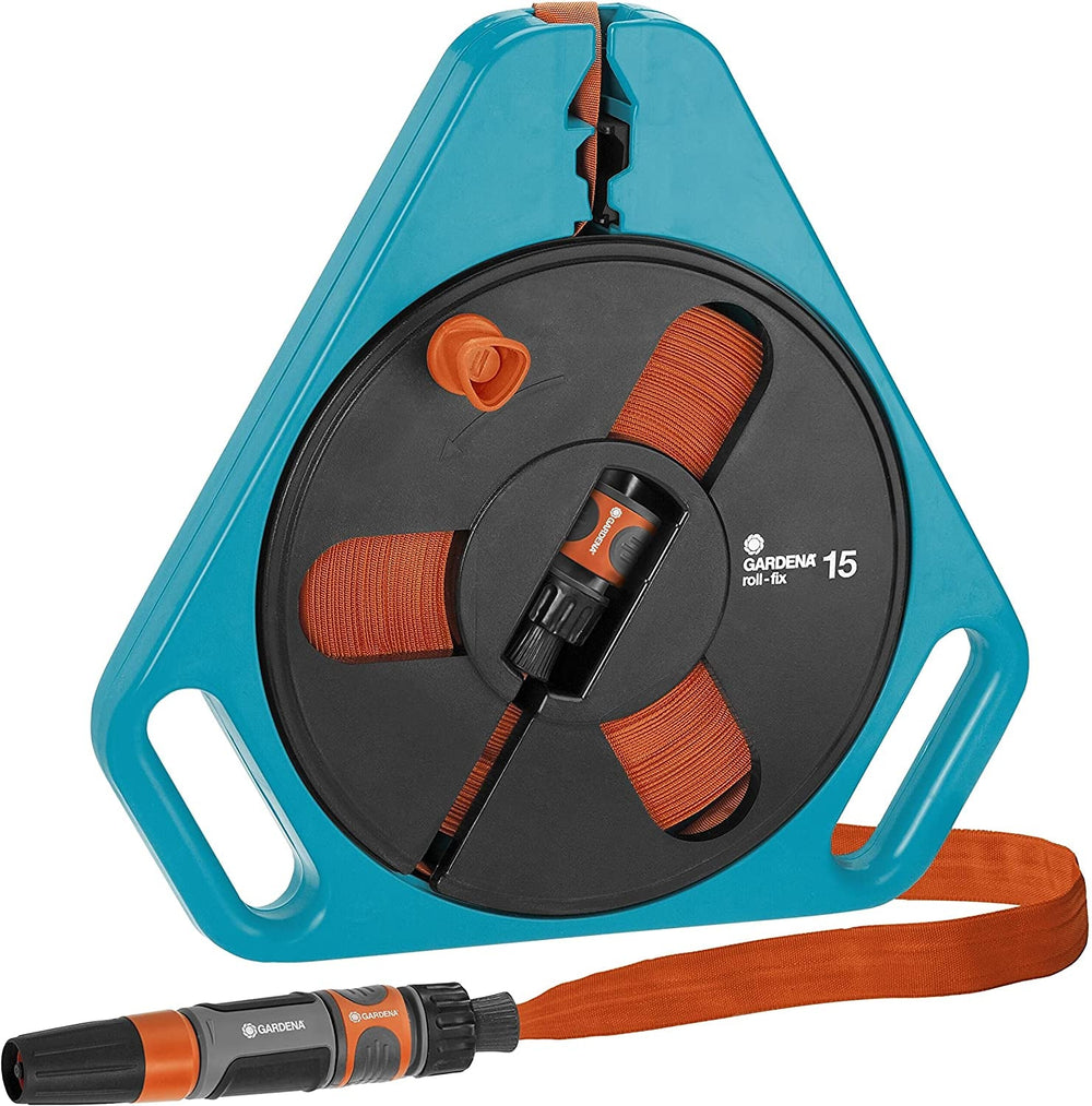 Furtun plat Gardena Original Classic roll-fix 15m: Casetă furtun economisitoare cu furtun de apă (Ø 12 mm în casetă), mecanism automat de siguranță, incl. duză de pulverizare, cu dispozitive de conectare (756-20)