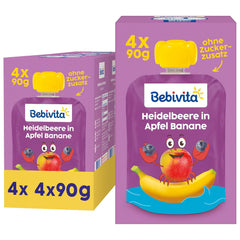 Bolsitas exprimibles de arándanos, manzana y plátano: 16 (4 paquetes, 4 x 90 g cada uno), sin azúcar añadido, sin gluten, ideales para llevar y snacks para llevar