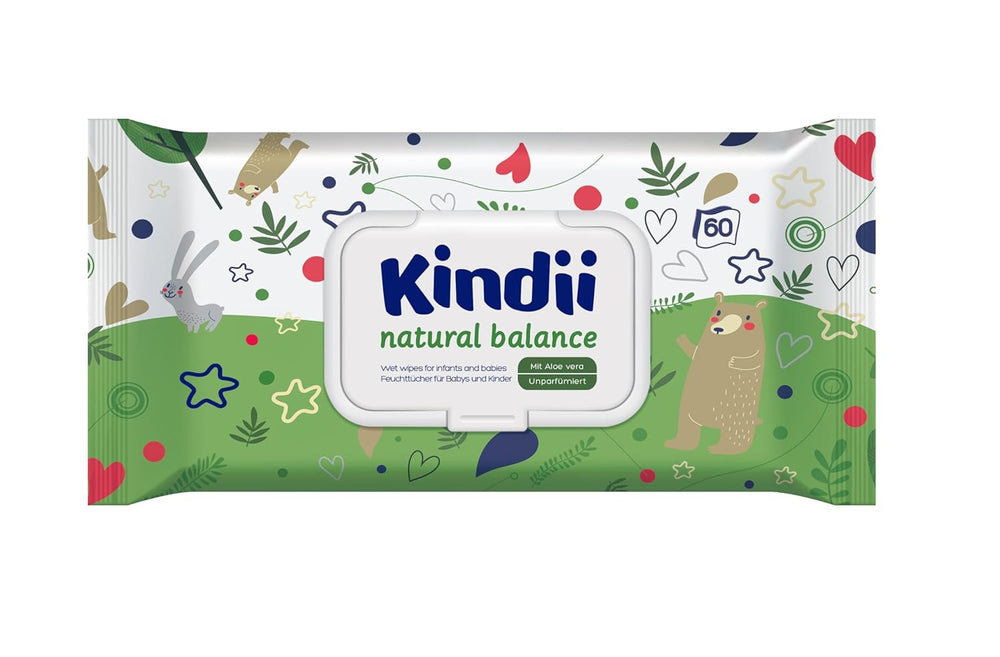 Toallitas húmedas Kindii Natural Balance para bebés - (1 x 60 uds.) Toallitas húmedas para bebés y niños - Protectoras, Aloe Vera, Fragancia delicada - 60 uds.