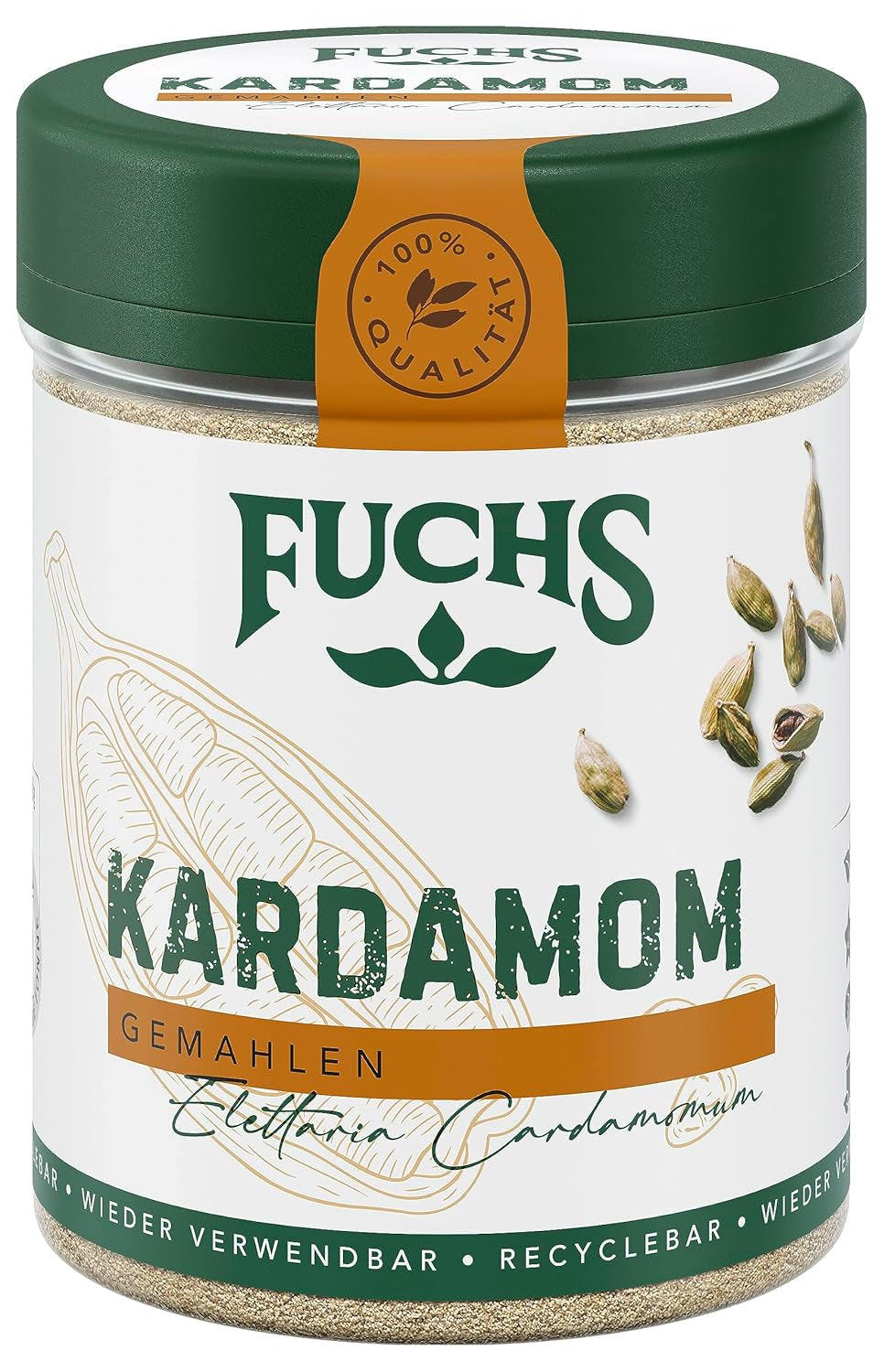 Fuchs Gewürze - Kardamom gemahlen - Gewürz für Glühwein oder Fleischgerichte wie Roastbeef oder Schweinebraten - ingredientes naturales - 50 g en wiederverwendbarer, recyclebarer Dosis
