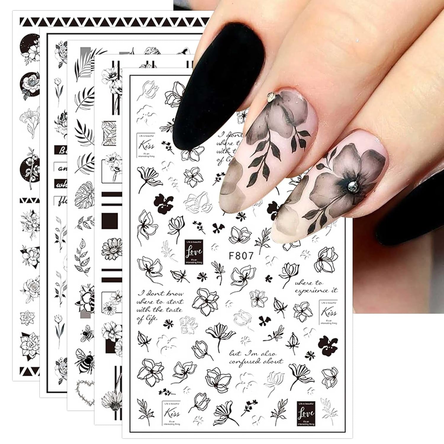 JMEOWIO Nagelsticker Frühling Blumen 10 Blätter Nagelaufkleber Selbstklebend Nail Art Dekoration Nageldesign Zubehör Für Frauen Mädchen