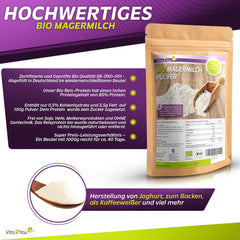 Vita2You Bio Leche Desnatada en Polvo 1000g - 100% Bio Qualität - para hornear - Kaffeeweißer - Milchpulver für Joghurts - 1kg - Premium Qualität
