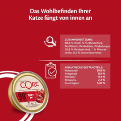 Wellness CORE 98% 12 x 85g, Vită – Hrană umedă pentru pisici, pate gros, fără cereale, natural, hipoalergenic, bogat în proteine, conținut ridicat de carne