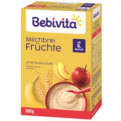 Papilla de leche con frutas (4x500g), a partir de 5 meses, sin azúcares añadidos, con valiosos minerales y vitaminas, muy saciante