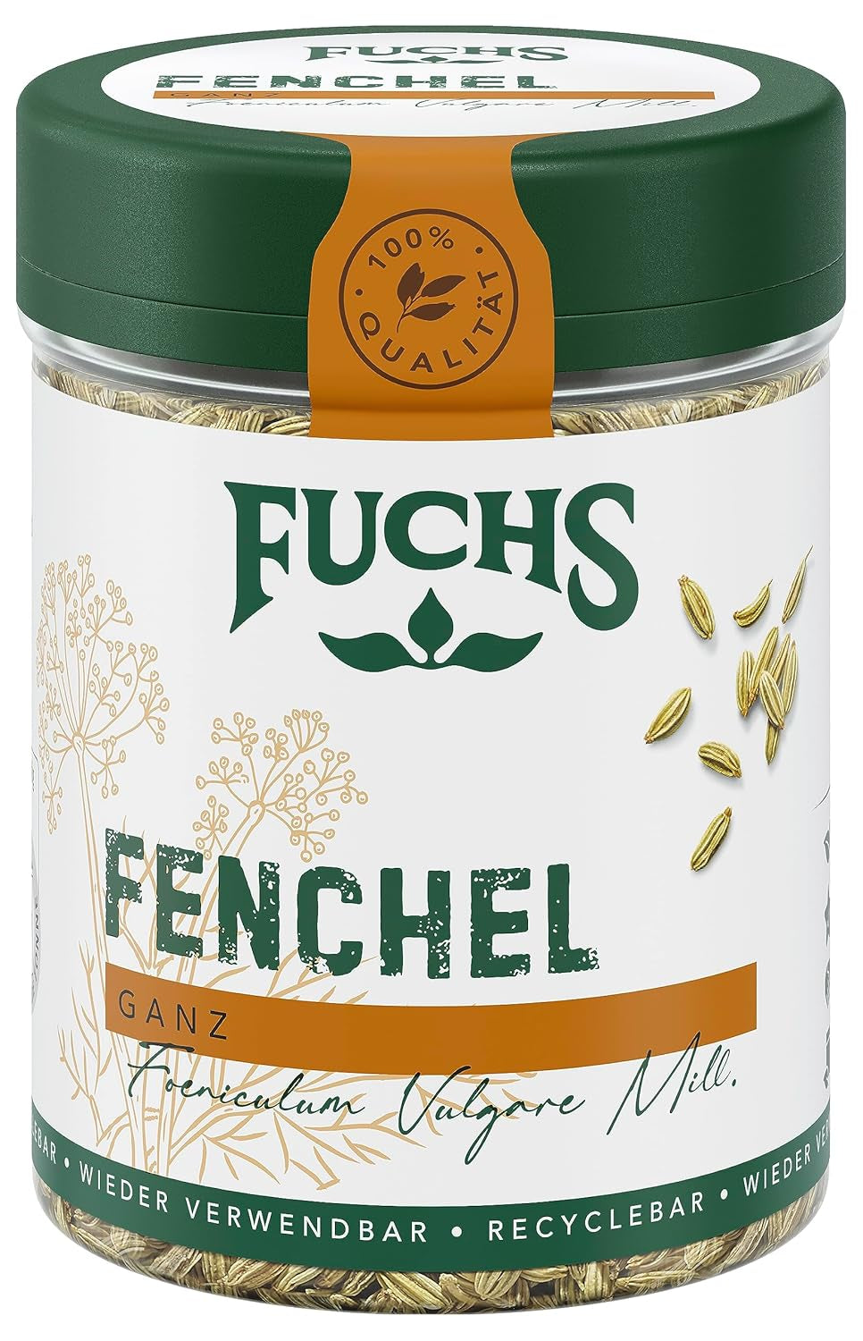 Fuchs Gewürze - Hinojo ganz - dulce-würziges Aroma für Obstsalate, Oat-Meals oder Curry - ingredientes naturales - 45 g en wiederverwendbarer, recyclebarer Dosis