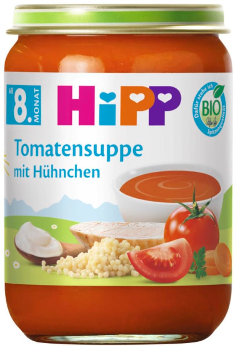 Sopa de pollo y tomate ecológica HiPP (6 x 190 g), a partir de 8 meses, sin sal añadida, en trozos pequeños - para aprender a masticar, con Omega 3, de la mejor calidad ecológica