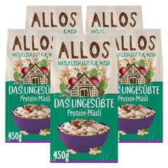 Allos muesli proteico sin azúcar | Muesli orgánico | Avena | Cereales para el desayuno | Vegano (5 x 450 g), 1 pieza (paquete de 5)