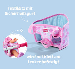 Simba 105560018 - Scaun de bicicletă pentru nou-născuți cu centură, accesoriu pentru păpușă, scaun din material textil, centură de siguranță, ghidon cu velcro, pentru păpuși de 30-43 cm, vârste 3+