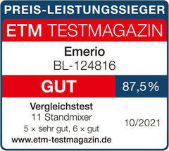 Emerio Batidora con base BPA Frei Crush Ice Función 1,5 L Behälter 2 Geschwindigkeiten + Pulse Funktion Messereinheit Aus Edelstahl Sicherheitsschalter Geschirrspülgeeignet 500 Watt BL-12816.8 Schwarz Bucatarie Naty Shop