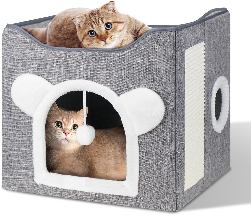 Katzenbetten für Indoor Katzen, Faltbares Katzenhaus, Katzenhöhle 2 Schicht Würfel Großer Raum Katzenbett mit Kratzbrett und Spielball, 15.8 x 15.8 x 15inches