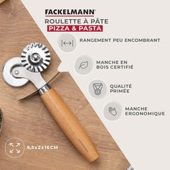 Roată de patiserie Fackelmann pentru ravioli, Maultaschen sau fursecuri – roată de patiserie din oțel inoxidabil cu aliaj de zinc – pentru paste de casă – mâner ergonomic din lemn de fag