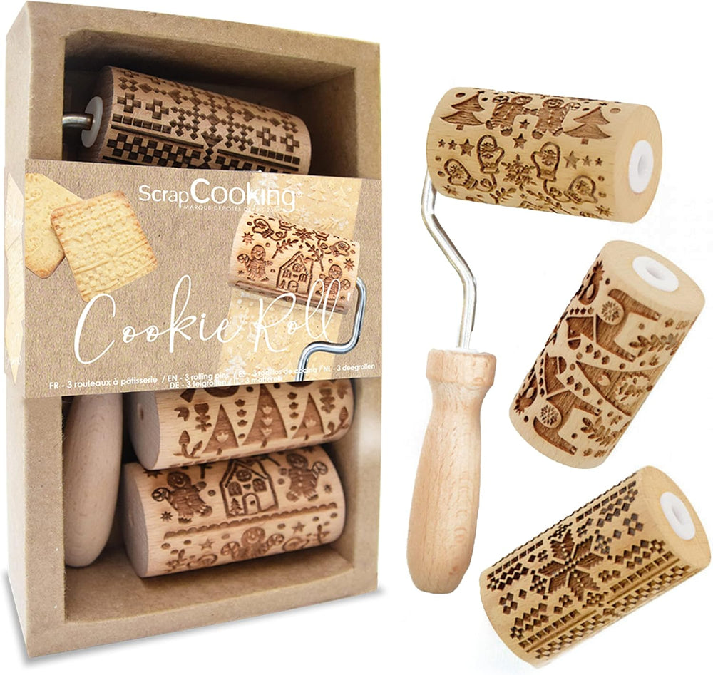 ScrapCooking 3798 Juego de rollos de galletas navideñas – 3 mini rollos de madera con motivos – Dekos mit Prägung – Forma para Kekse, Sandgestrahlt, Kekse