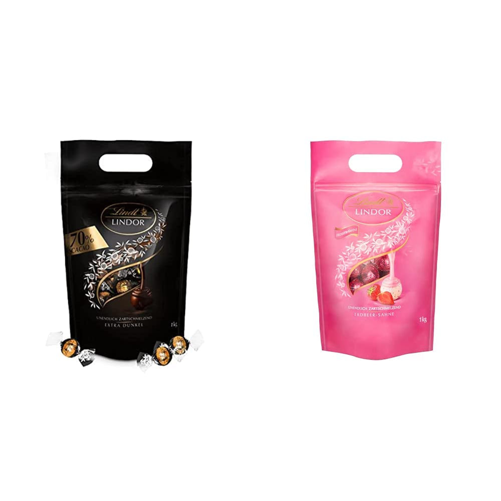 Bolas de chocolate extra oscuro Lindt LINDOR y bolas de chocolate con crema de fresa LINDOR | Bolsa resellable de 1 kg | aprox. 80 white chocolate balls with strawberry cream