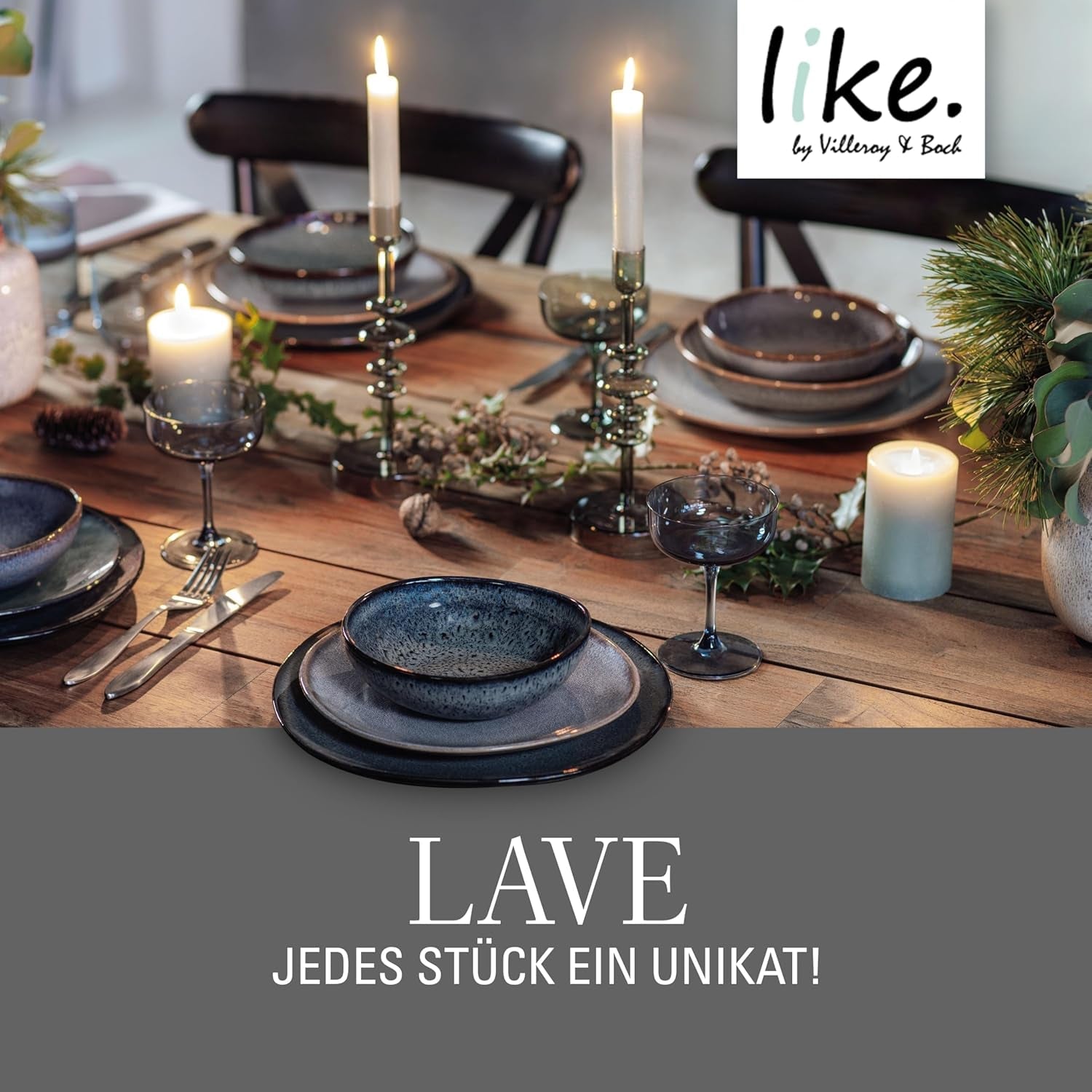Like. by Villeroy & Boch - Lave Gris Geschirr Set Aus Steingut, 4Tlg., Pottery Look, Tafelservice Für 2 Personen, Grau Seturi vesela masa Naty Shop