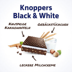 Knoppers blancos y negros – 8 x 25 g – Lonchas de barquillo rellenas de barquillos de cacao oscuro, trozos de galleta negra, leche y crema de turrón