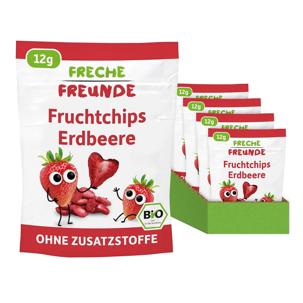 FRECHE FREUNDE Chips de frutas de fresa orgánicos, chips de frutas liofilizadas, frutas secas en rodajas naturales sin azúcar añadido, vegano, sin lactosa, sin gluten, paquete de 12 (12 x 12 g)