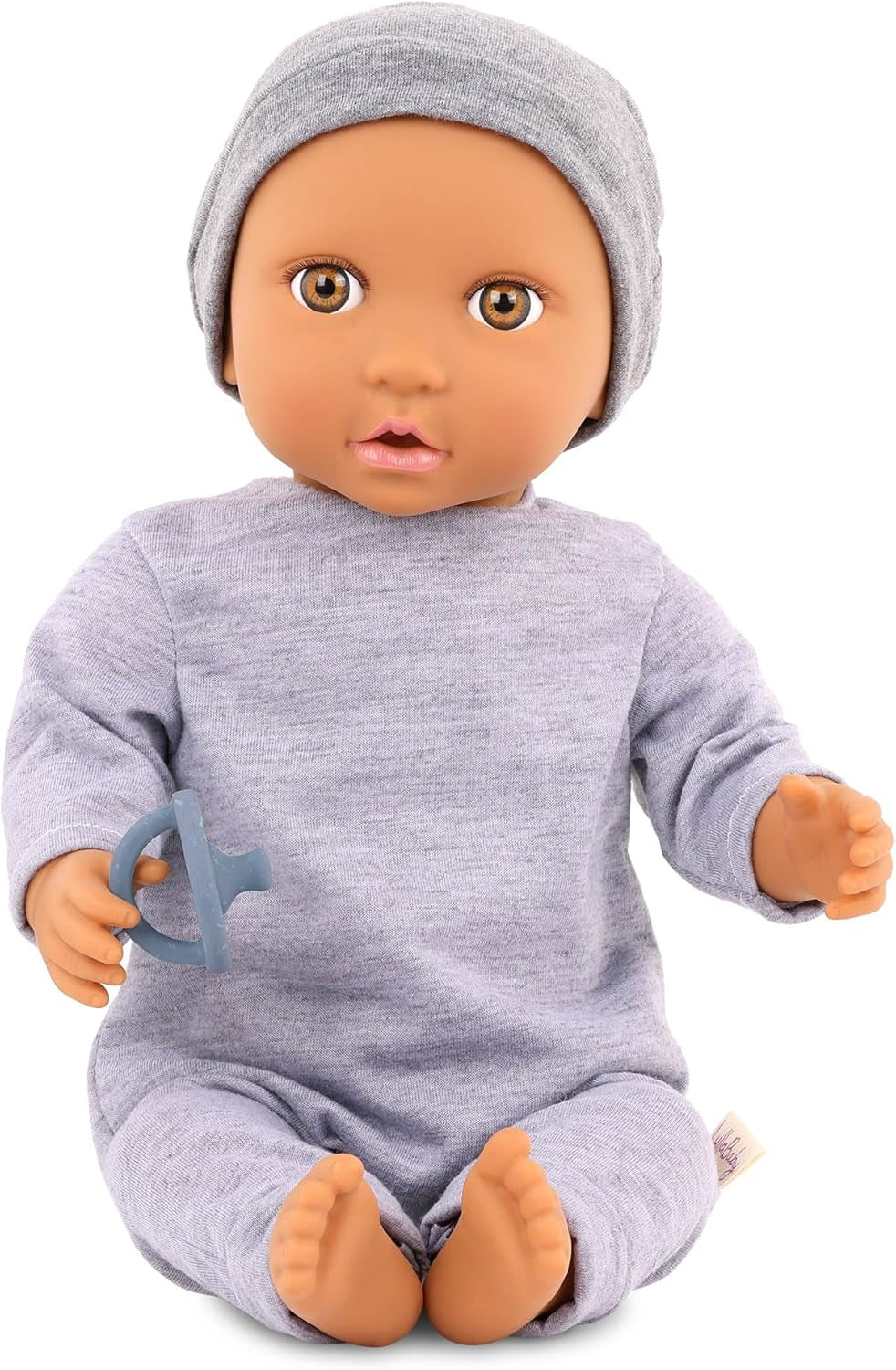 LullaBaby - Muñeco de bebé - Einteiler & Mütze - Muñeco de bebé realista de 36 cm - Ojos marrones avellana y cuerpo suave - Pelele y Schnuller-Zubehör - Juegos de simulación - Kinder 2 Jahre +