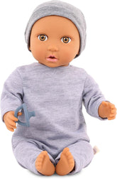 LullaBaby - Muñeco de bebé - Einteiler & Mütze - Muñeco de bebé realista de 36 cm - Ojos marrones avellana y cuerpo suave - Pelele y Schnuller-Zubehör - Juegos de simulación - Kinder 2 Jahre +