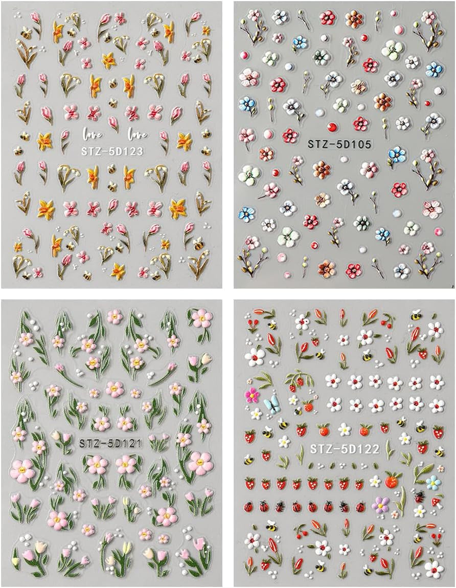JMEOWIO 3D Nagelsticker Blumen Frucht Nail Art Sticker Selbstklebend Nagelaufkleber 5D Stereoskopisch Dekoration Nageldesign Zubehör 4 Blatt