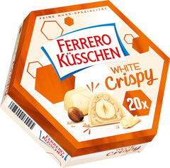 Ferrero Küsschen White Crispy - Regalo de San Valentín para él y para ella - Avellanas tostadas crujientes en crema ligera con chips crujientes, cubiertas de chocolate blanco, 1 paquete de 20 bombones individuales