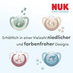 Suzete NUK First Choice pentru bebeluși | 6-18 luni | Suzete ortodontice | Calmează 99% dintre bebeluși** | Maimuță/Cangur | Pachet de 2