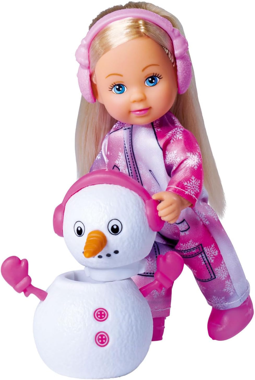 Simba 105733646 - Evi Love Snow, păpușă într-un costum drăguț de zăpadă cu un om de zăpadă construibil, 12 cm, vârste 3+