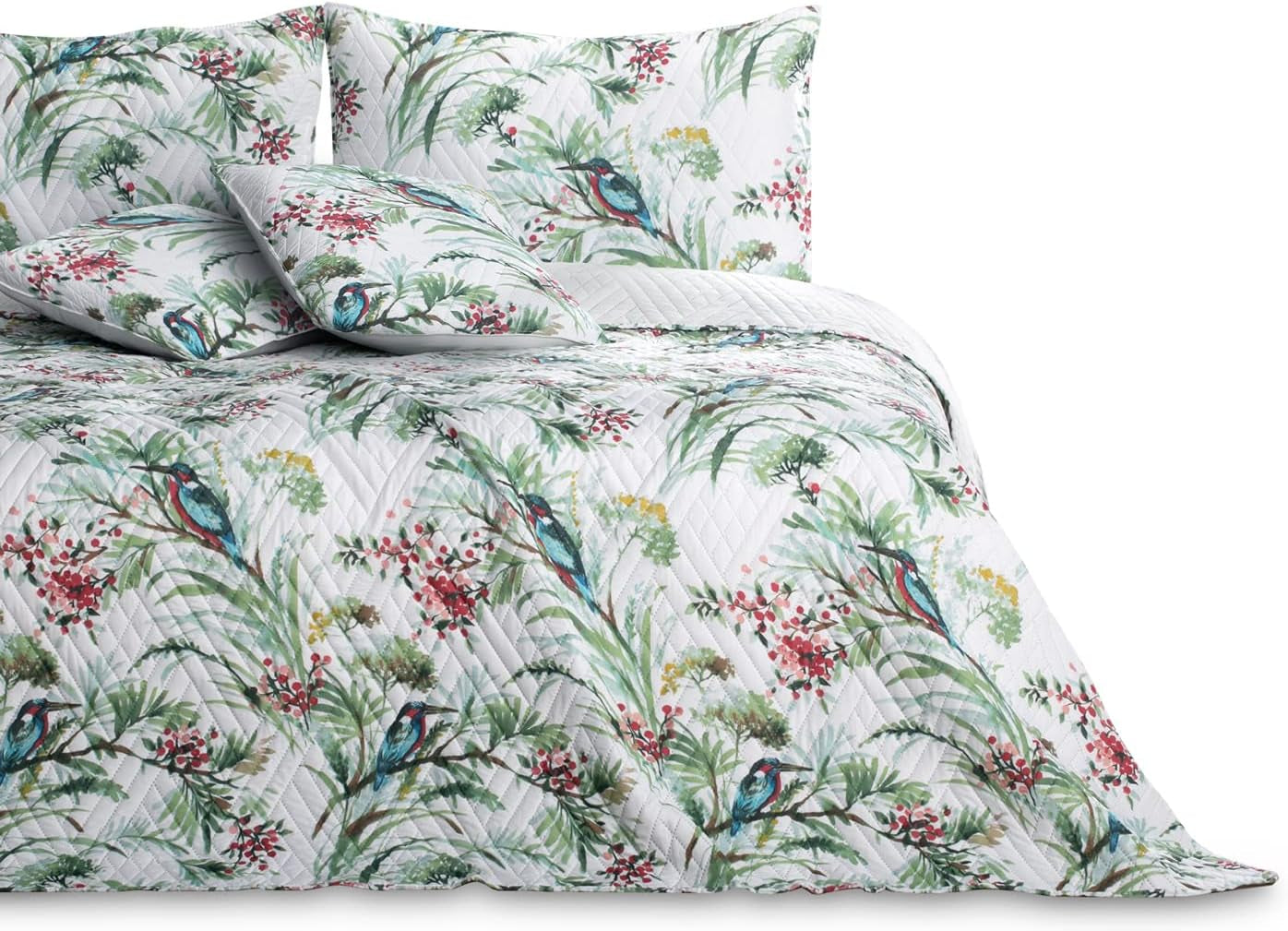Ameliahome Cuvertură de pat Cuvertură de pat 260X280 Cm Două fețe Easy Care Quilting Model de plante Model de păsări Multicolor Kingfisher Paturi si Cuverturi Besuche den AmeliaHome-Store Kingfisher 260 X 280