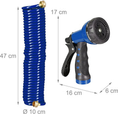 Furtun spiralat Relaxdays, extensibil până la 10 m, furtun flexibil de grădină cu pulverizator de apă, 7 modele de pulverizare, albastru, 25 x 52 x 15 cm