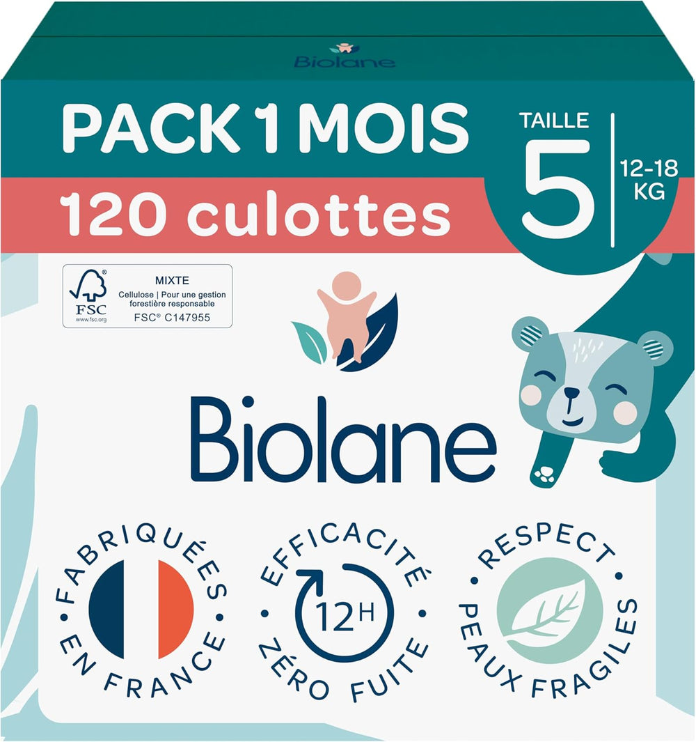 BIOLANE - Pañales cortos - Talla 5 (12-18 kg) - Estanqueidad 12 horas - Pack 1 mes - 120 pañales - ecológicos