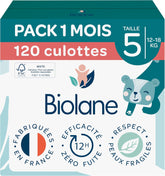BIOLANE - Pañales cortos - Talla 5 (12-18 kg) - Estanqueidad 12 horas - Pack 1 mes - 120 pañales - ecológicos
