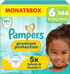 Pampers Premium Protection talla 6, 144 pañales, 13 kg-18 kg, nuestra protección número uno para la piel y las fugas
