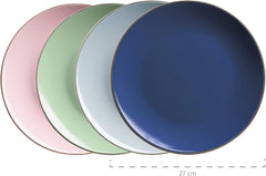 MÄSER 931870 Ramă metalică, Set de veselă modern pentru 4 persoane cu ramă de culoarea alamei, Set combinat de 16 piese cu forme de coupe fără ramă, Multicolor, Gresie, Pastel'n'Blue