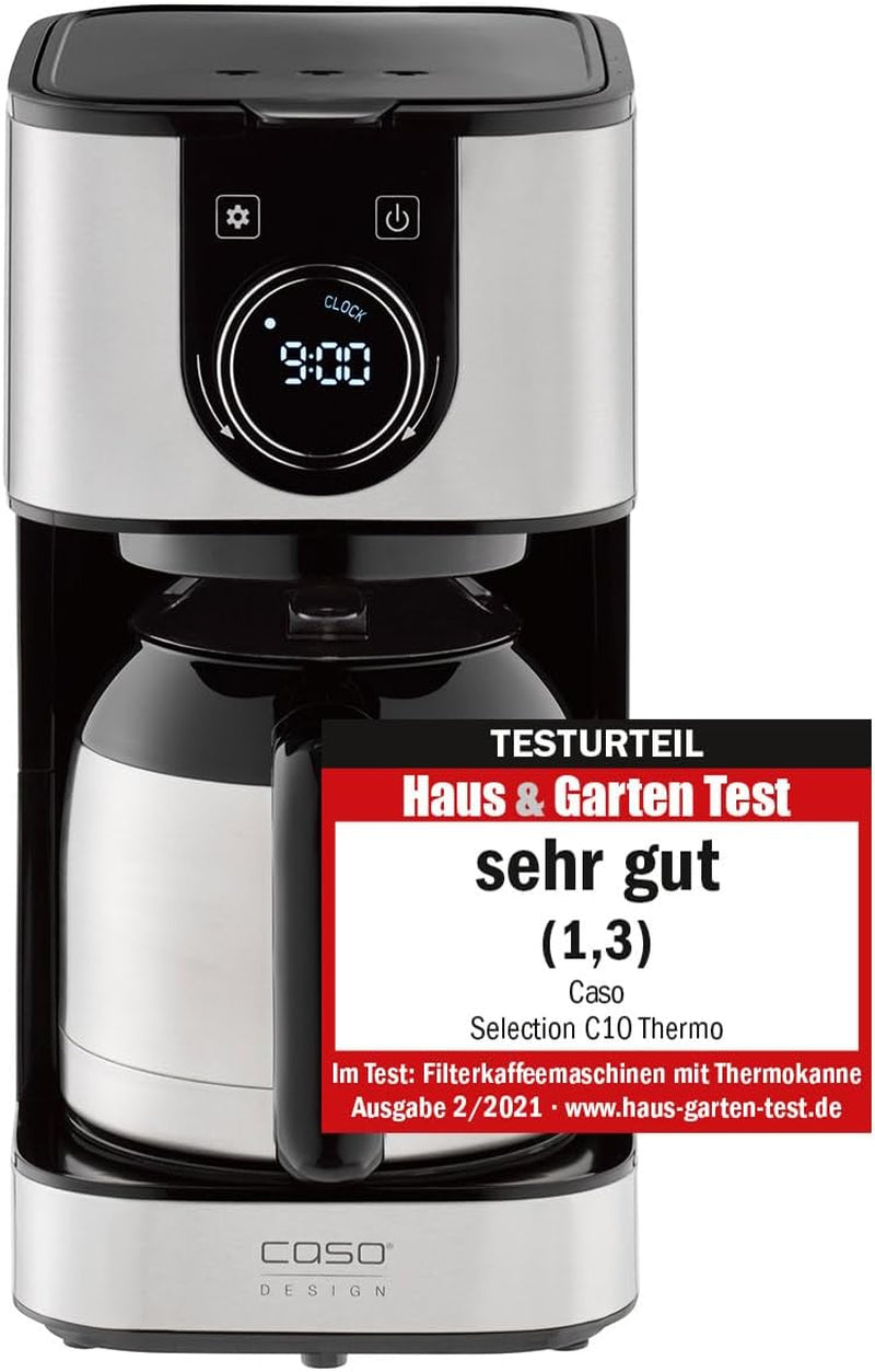 Cafetieră CASO Selection C 10 Thermo Design – Carcasă din oțel inoxidabil, carafă izotermă de 1,2 l (10 cești), comenzi tactile și cronometru, funcție Aroma PLUS, filtru permanent, filtru anti-picurare