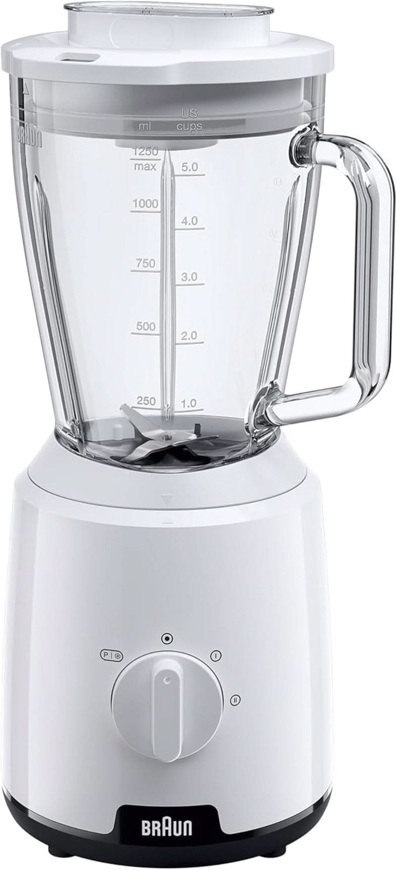 Braun Powerblend 1 JB1050WH - Batidora de pie con 1,5 L de mezcla de vidrio, Küchenhelfer Zum Zerkleinern, Pürieren & Mixen, función Ice-Crush, 2 Geschwindigkeiten, 600 Watt, Weiß Bucatarie Naty Shop Weiß Glas-Mixaufsatz