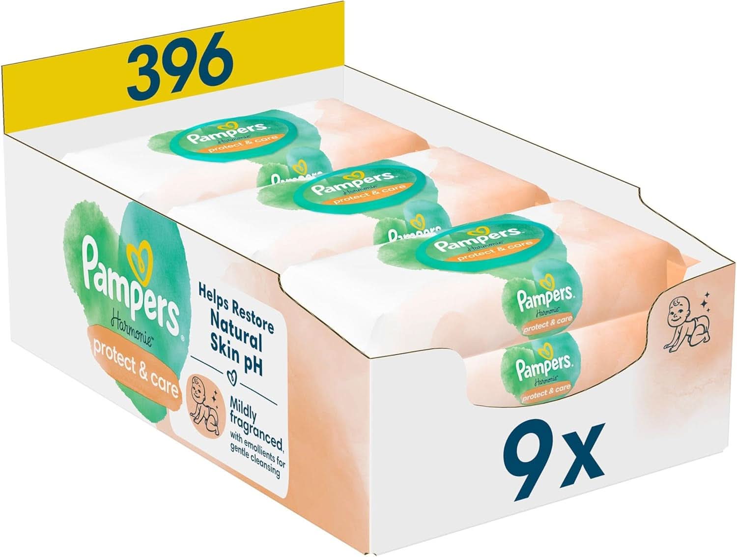 Pampers Harmonie Protect & Care Feuchttücher 9 Packungen Mit Jeweils 44 Feuchttüchern = 396 Feuchttücher, Helfen, Den Natürlichen Ph-Wert Der Haut Wiederherzustellen, Mit Einem Tropfen Calendula Naty Shop 396 Stück (1Er Pack) Mit Calendula