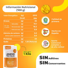 Eipulver aus Freilandeiern (1kg) | Pasteurisiertes Vollei Pulver | Ohne Zusatztoffe | Sin gluten y sin lactosa | Embalaje de vacío en Zip-Beutel