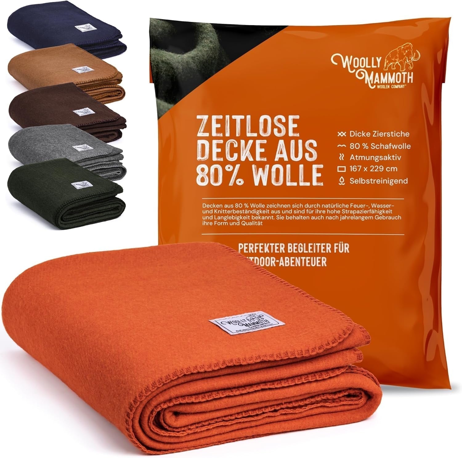 Woolly Mammoth Woolen Co. pătură de camping, extra mare, lână merino, Echipamentul perfect în aer liber pentru bushcraft, camping, trekking, drumeții, supraviețuire sau pătură în cabană. Maro, 168 X 228 Paturi si Cuverturi Woolly Mammoth Woolen Company Portocaliu/roșu de seară în formă de zigzag (chevron de apus de soare) 66" X 90"