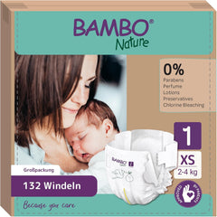 Pañales para bebé Bambo Nature, tamaño 1 (2-4 kg), caja mensual de 132 unidades | Pañales Premium con protección mejorada contra fugas | Máxima comodidad y libertad para los recién nacidos | Pañales testados dermatológicamente
